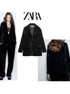 Zara black crushed velvet single breasted oversized blazer Sz XL NWOT